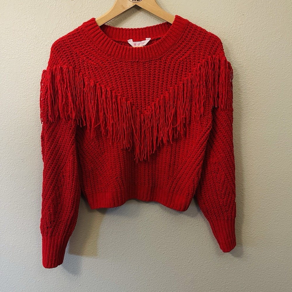 NO BO Tassel Fringe Knit Sweater Red Chenille Soft Cozy Western Oversized S